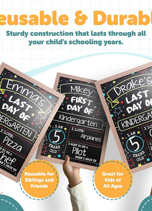 First Day Last Day of School Double Sided Sign with Frame (Reusable Dry Erase Board for Liquid Chalk Markers - 9.17 inch x 13.27 inch)