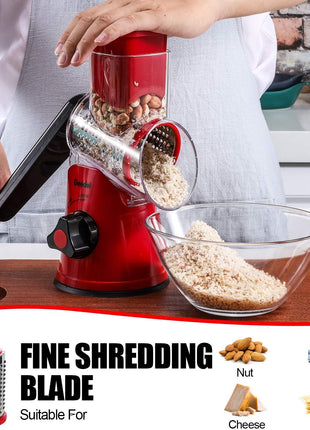 Geedel Rotary Cheese Grater, Kitchen Mandoline Vegetable Slicer with 3 Interchangeable Blades, Easy to Clean Grater for Fruit, Vegetables, Nuts