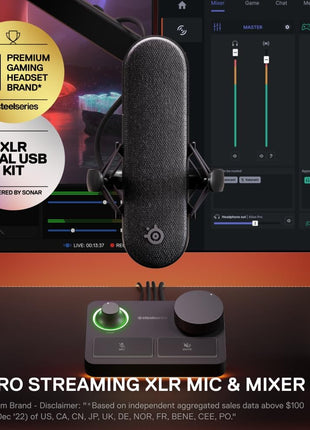 SteelSeries Alias Pro Kit — XLR Mic + Stream Mixer — 3x Bigger Capsule for Gaming, Streaming and Podcasting — USB/XLR Interface — Free Sonar Audio Software — Custom Controls — RGB — Single or Dual PC