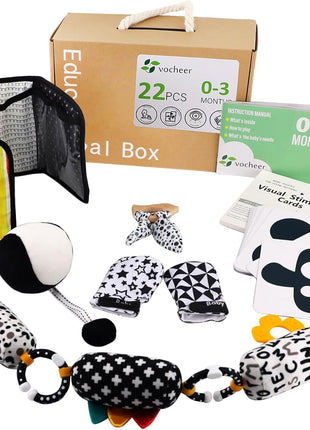 vocheer High Contrast Baby Toys for Newborn, 6-in-1 Sensory Set Gift | 21Pcs Montessori Early Educational Learning Kit, Black and White Baby Toys, for 0-3 Months