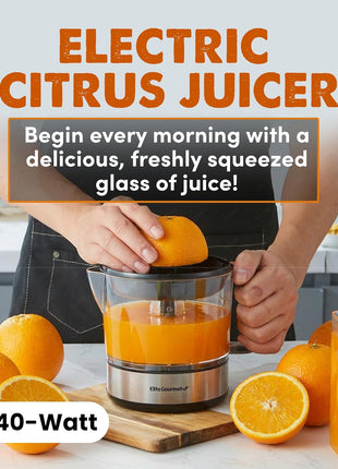 Elite Gourmet ETS623 BPA Free Electric Citrus Juicer, Compact, Large Volume, Pulp Control, Oranges, Lemons, Limes, Grapefruits with Easy Pour Spout, 24oz, Black/Stainless Steel