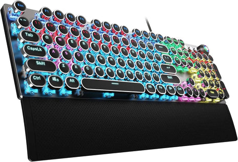 AULA F2088 Typewriter Style Mechanical Gaming Keyboard Wired,Blue Switches,Rainbow LED Backlit,Removable Wrist Rest,Media Control Knob,Retro Punk Round Keycaps,USB Wired Computer Keyboard