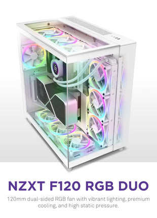 NZXT F120 RGB Duo - 120mm Dual-Sided RGB PC Case Fan - White | 120mm dual-sided RGB fan with 20 addressable LEDs. Balanced airflow and static pressure, CAM-synced lighting.