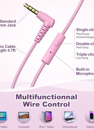 Kids Headphones, Wired Headphones for Kids On Ear with Microphone, 93dB Volume Limiter Headphone for Girls Boys, Foldable Lightweight Headphone for School Learning & Entertainment, Pink Purple