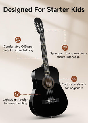 Moukey 38" Acoustic Guitar for Beginners Kids Youth Adult Dreadnought Guitarra Acustica Kit with Chord Poster, Gig Bag, Tuner, Picks, Nylon Strings, Capo, Strap - Black