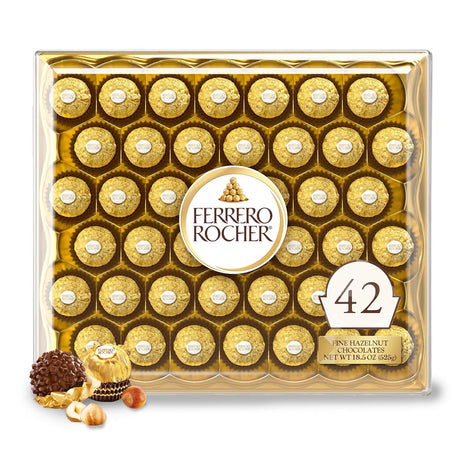 Ferrero Rocher Gourmet Hazelnut Milk Chocolate Gift Box, 42 Individually Wrapped Chocolates, 18.5 oz