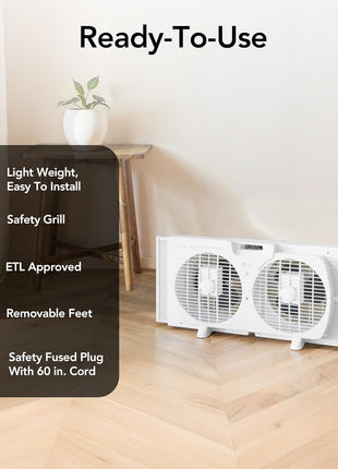 Comfort Zone Window Fan for Bedroom, 9 inch 3 Speed Dual Fans with Auto Locking Expanders, Window Exhaust Fan, Removeable Bug Screen, White
