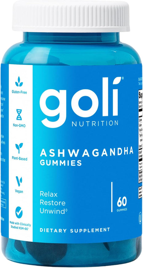 Goli Ashwagandha & Vitamin D Gummy   60 Count   Mixed Berry, KSM 66, Vegan, Plant Based, Non GMO, Gluten Free & Gelatin Free Relax. Restore. Unwind, Pack of 1