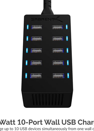 SABRENT 60W 10-Port USB Charging Station, Auto-Detect (AX-TPCS) | 12A family-sized desktop rapid charger; smart auto-detect USB ports; UL certified; black; usb power strip; usb charging hub