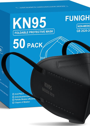 Funight KN95 Face Masks 50 Pack 5-Ply Breathable Filter Disposable Face Masks Black