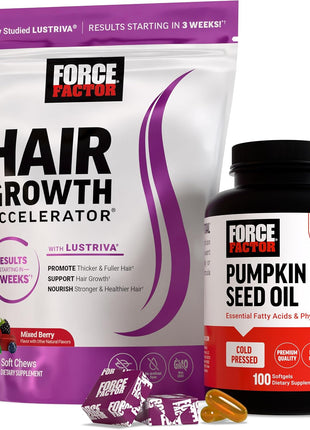 Force Factor Hair Growth Accelerator Soft Chews, Hair Growth Vitamins for Women and Men with Clinically Studied Lustriva and Biotin, Promotes Thicker, Fuller, Stronger Hair + Pumkin Seed Oil Sofgels