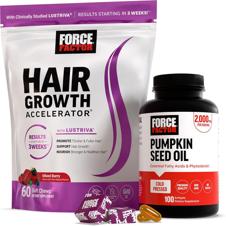 Force Factor Hair Growth Accelerator Soft Chews, Hair Growth Vitamins for Women and Men with Clinically Studied Lustriva and Biotin, Promotes Thicker, Fuller, Stronger Hair + Pumkin Seed Oil Sofgels