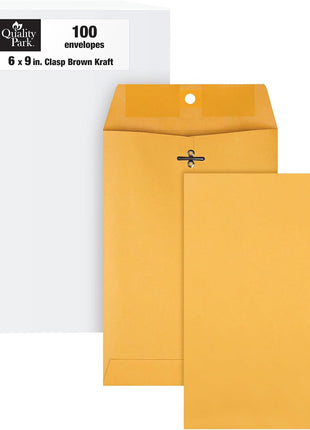 Quality Park 6 x 9 Clasp Envelopes, Clasp and Gummed Closures for Storing or Mailing, 28 lb Kraft Paper, 100 per Box (QUA37855)