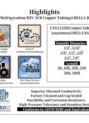 BELLA BAYS Copper Tubing 3/4" OD x 0.687" x 5 ft, 99.9% C12200 ASTM B280 Refrigeration ACR Tubing Seamless Soft Coil Round T2 Pure Copper Tube for HVAC System, Refrigerator, Industry, DIY