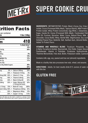MET-Rx Big 100 Protein Bar, Meal Replacement Bar, 32G Protein, Super Cookie Crunch, 9 Bars (Pack of 1)