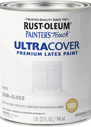 Rust-Oleum Painter's Touch Latex Brush-On Paint, Semi-Gloss White | Interior/Exterior Durability, Multi Surface (Metal, Wood and More), Fast Dry, Chip and Fade Resistant, Quart