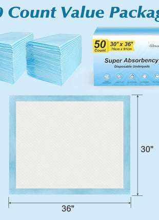 Wowflash Super Absorbency Disposable Leakproof Underpads with Quick Drying for Baby, Adults, Puppy, Dog Bed Pee Pads, Extra Large, XXL Incontinence Pads, 30" x 36", 50 Count