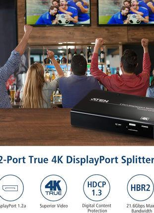 ATEN VS192 2-Port True 4K DisplayPort Splitter SST Split or MST Extended Display - Connect 1 DP Source to 2 Display Port Computer Monitor - TAA Compliant - Metal