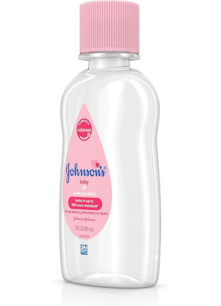 Johnson's Baby Oil, Pure Mineral Oil to Prevent Moisture Loss for Newborn, Kids, & Adults, Gentle, Soothing Baby Massage Oil, Dry Skin Relief, Hypoallergenic, Original Scent, Baby Essentials, 3 fl. oz
