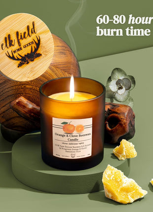 Elk Field Orange Clove Organic Beeswax Candle | 2 Ingredients | 100% Pure Beeswax Candles, Non Toxic, Natural, Organic Candles, Beeswax Candles Scented, Non Toxic Candles, 80 Hour, 10oz