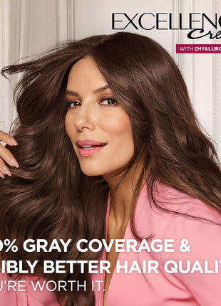 L'Oreal Paris Excellence Crème Permanent Hair Dye, Triple Care Hair Color with Hyaluronic Acid for 100% Gray Coverage, 4 Dark Brown, 1 Kit (Packaging May Vary)