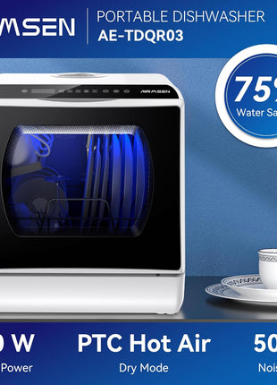 AIRMSEN Portable Countertop Dishwashers, 5 Washing Programs Mini Dishwashers with 5 L Built-in Water Tank and Double-layered Glass Door, No Hookup Needed for Home, Apartments & RVs