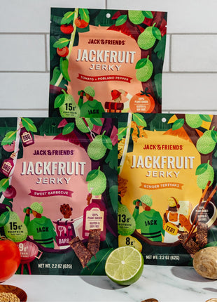 Jack & Friends Jackfruit Jerky Ginger Teriyaki - Plant Based Vegan Jerky Snack, Healthy Meatless Jerky Alternative Made from Jackfruit, 13g Protein, 8g Fiber, Gluten Free, Soy Free, Low Sugar, 2.2 oz (1 Pack)