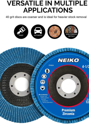 Neiko 11142A Premium Zirconia Flap Disc | 4.5" x 7/8-Inch, 40 Grit, Bevel Type #29 - 10 Pack