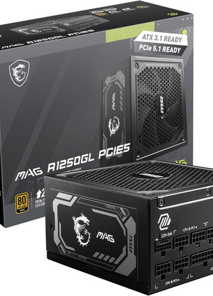 MSI MAG A1250GL PCIE5, Fully Modular Compact Gaming 1250W Power Supply, 80+ Gold, ATX 3.1 & PCIe 5.1 Ready, Native Dual-Color 12V-2x6 Cable, 10 Year Warranty