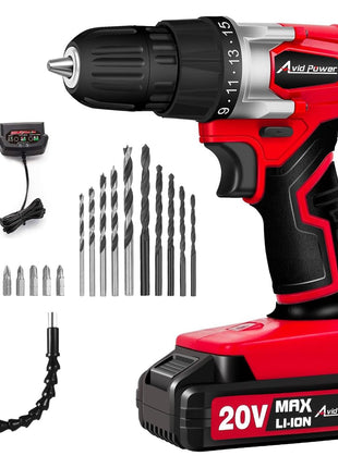AVID POWER 20V MAX Lithium lon Cordless Drill Set, Power Drill Kit with Battery and Charger, 3/8-Inch Keyless Chuck, Variable Speed, 16 Position and 22pcs Drill Bits (Red)
