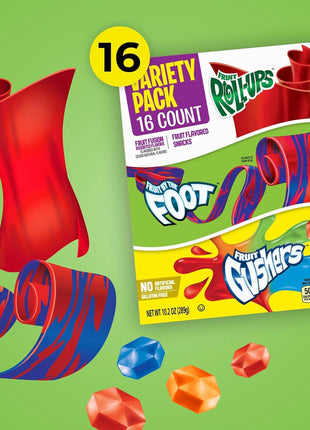 Fruit Roll Ups, Fruit by the Foot, Gushers, Flavored Snacks Variety Pack, Gluten Free, 16 Ct, 10.2 oz