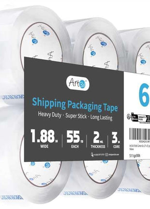 Art3d 6 Rolls Carton Sealing Tape Heavy Duty, Clear Packing Tape, 1.88 inch x 55 yds, 2 mil Thick