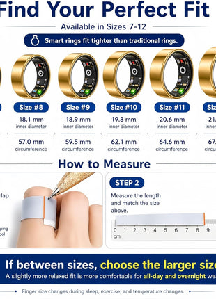 Smart Ring Health & Fitness Tracker for Men & Women, Heart Rate, SPO2, Sleep & Activity Monitoring, IP68 Waterproof, Long Battery Life, Family Care Mode, No Subscription Fee (Gold, 8)