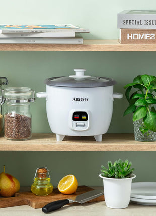 AROMA Rice Cooker, 3-Cup (Uncooked) / 6-Cup (Cooked), Small Rice Cooker, Oatmeal Cooker, Soup Maker, Auto Keep Warm, 1.5 Qt, White, ARC-393NG