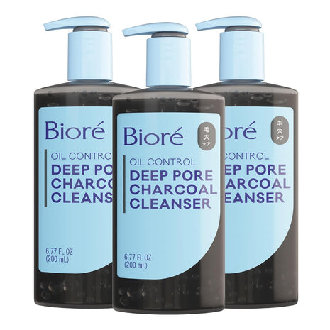 Biore Deep Pore Charcoal Face Wash For Oily Skin, 6.77 fl oz, 3pk | Daily Facial Cleanser, Removes Dirt & Makeup, Charcoal Formula, Deep Pore Cleansing