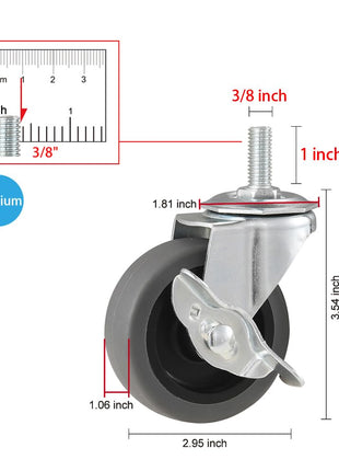 WHARSTM Caster Wheels, 3 inch Locking Swivel Stem Casters Set of 4, 3/8 inch-16 x 1 (Screw Diameter 3/8 inch, Length 1 inch) Rubber Casters with 360 Degree No Noise Wheels for Furniture