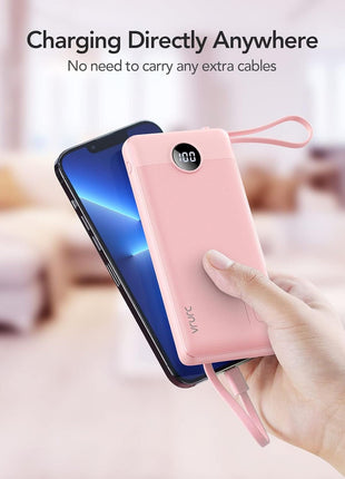 VRURC Portable Charger Power Bank, Built-in 4 Cables & 2 Ports,10000mAh Slim Battery Pack with LED Display, Travel Essential USB C Portable Phone Charger for All Cell Phones Devices-Pink(1 Pack)
