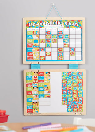 Melissa & Doug Magnetic Responsibility Chart and Kids Calendar - Wooden Chore Chart for Kids with 89 Magnets, Preschool Learning Activities for Ages 3+