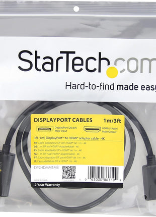 StarTech.com 3ft (1m) DisplayPort to HDMI Cable - 4K 30Hz - DisplayPort to HDMI Adapter Cable - DP 1.2 to HDMI Monitor Cable Converter - Latching DP Connector - Passive DP to HDMI Cord (DP2HDMM1MB)