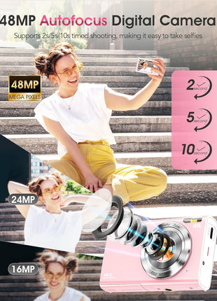 Digital Camera,Autofocus 4K Vlogging Camera for Photography with 32GB Card,48MP Portable Compact Point and Shoot Digital Camera for Teens Adult Beginner with 16X Zoom,Anti-Shake,2 Batteries(Pink)