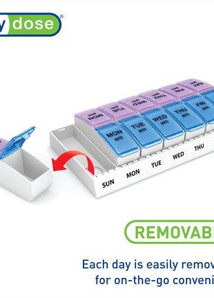 Ezy Dose Weekly (7 Day) AM/PM Pill Organizer, Vitamin and Medicine Box, Small Pop out Compartments, 2 Times a Day, Blue and Purple Lids