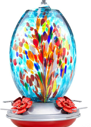 Muse Garden Glass Humming Bird Feeders for Outdoors - 27OZ Blown Glass Hummingbird Feeder - Unique Gift Mom Women, Outdoors Hanging Garden Decor, Includes Ant Moat & Brush, Blue Fireworks