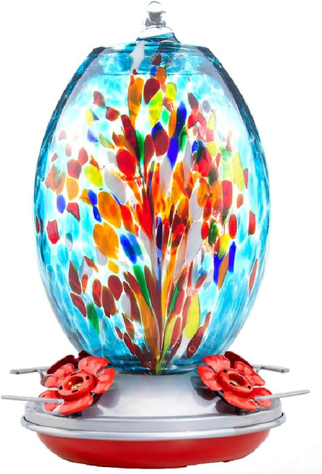 Muse Garden Glass Humming Bird Feeders for Outdoors - 27OZ Blown Glass Hummingbird Feeder - Unique Gift Mom Women, Outdoors Hanging Garden Decor, Includes Ant Moat & Brush, Blue Fireworks