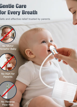 No-Mouth Suction Baby Nasal Aspirator with Hand Pump | No-mouth suction nasal aspirator with soft silicone tips, clear mucus chamber, and quiet hand pump for newborns and infants