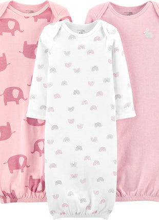 Simple Joys by Carter's Baby Girls' Cotton Sleeper Gown, Pack of 3, Light Pink Bunny/White Rainbow/Elephants, 0-3 Months