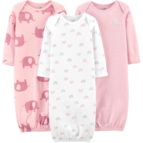 Simple Joys by Carter's Baby Girls' Cotton Sleeper Gown, Pack of 3, Light Pink Bunny/White Rainbow/Elephants, 0-3 Months