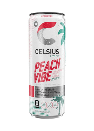 CELSIUS PEACH VIBE Sparkling White Peach, Sugar Free Energy Drink, 12 Fl Oz (Pack of 12)