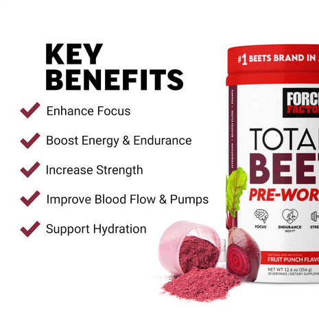 Force Factor Total Beets Pre-Workout Powder to Boost Energy & Endurance | Increase Strength, Improve Blood Flow & Pumps, Nitric Oxide Supplement with Beet Root Powder, Fruit Punch, 30 Servings