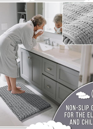 Yimobra Bathroom Rugs Non-Slip Washable – Extra Soft & Absorbent Chenille Bath Mat, Quick-Dry Plush Shaggy Floor & Vanity Bath Rugs for Tub & Shower, Modern Home Decor Accessories, 24 x 17, Grey