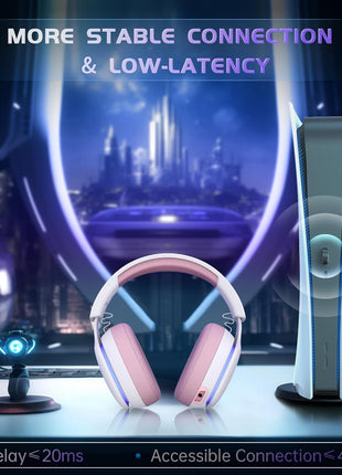 Gtheos 2.4GHz Wireless Gaming Headset for PS5, PS4 Fortnite & FPS Gamers, PC, Nintendo Switch, Bluetooth 5.3 Gaming Headphones with Noise Canceling Mic, Stereo Sound, 40+Hr Battery (Pink)